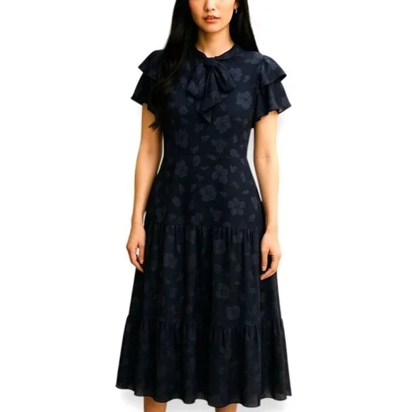 Monique Lhuillier | Dresses | Monique Lhuillier Navy Floral Jacquard Bow  Midi Dress | Poshmark